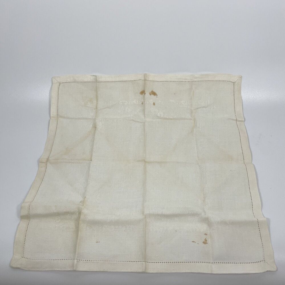 Vintage 1940s 50s Linen Textile Napkin Damask Tatting Edge 16" x 16" Ecru